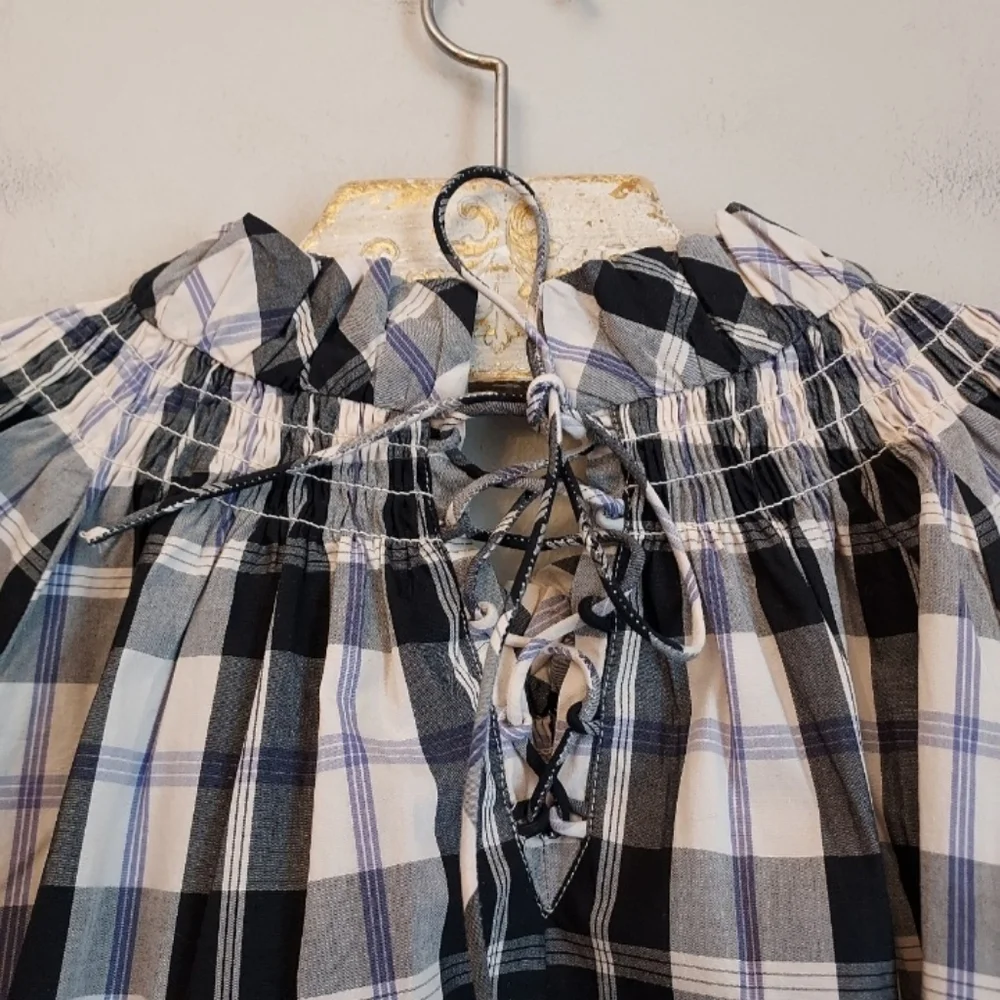 J. Crew Floral Short Puff Sleeve Black Plaid Blouse Size Medium